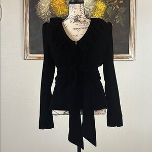 Zara Size XS Womens Black Velvet Blazer Ruffle Neck Gold Buttons NWT